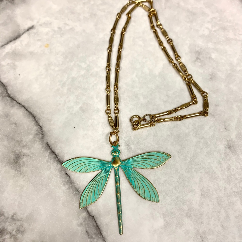 Anthropologie Gold Brass Dragonfly Necklace
